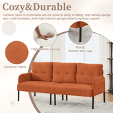Orange corduroy sofa with features highlighted on a white background