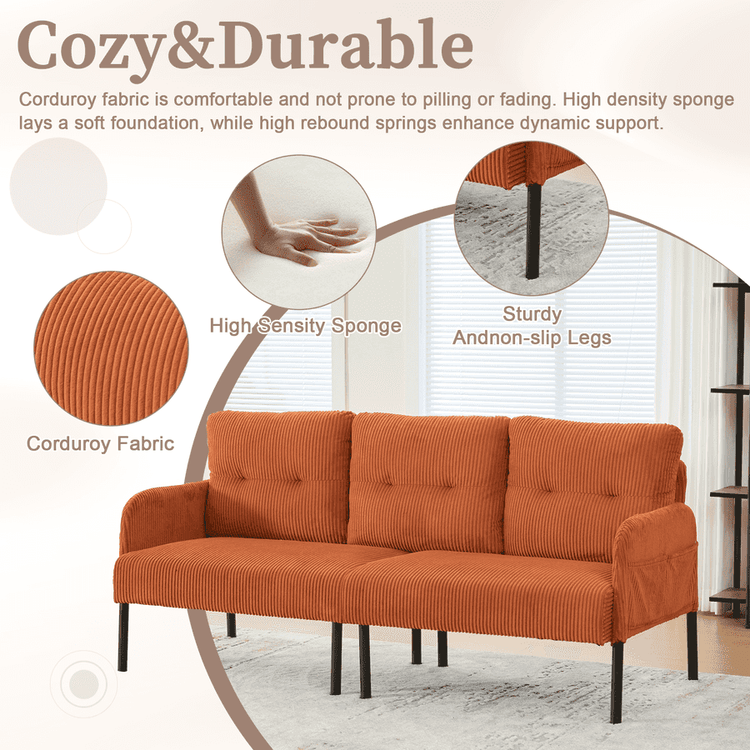 Orange corduroy sofa with features highlighted on a white background