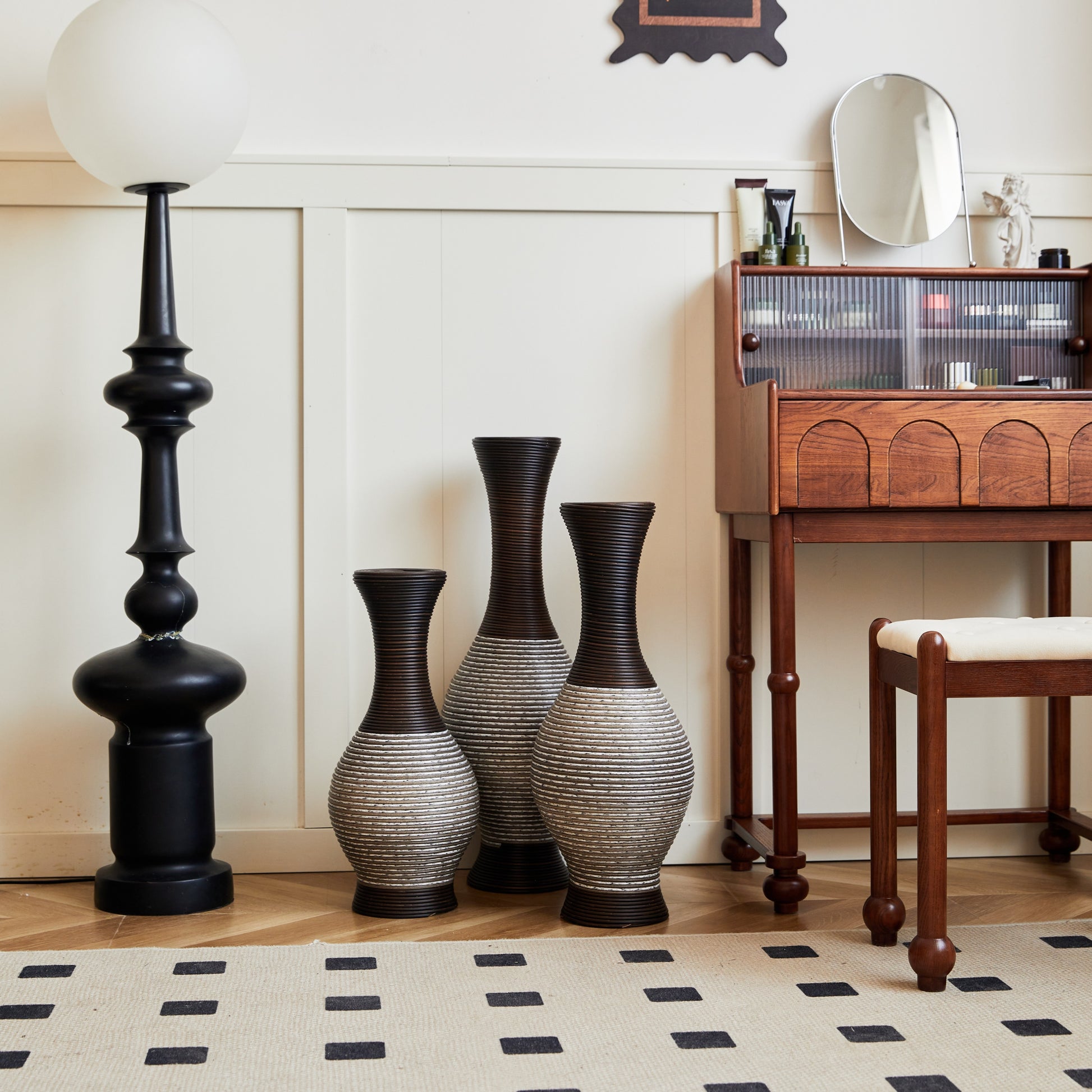 Set of 3 brown floor vases with striped texture, ideal for decorative flowers, displayed in a stylish home décor setting with vintage furniture.