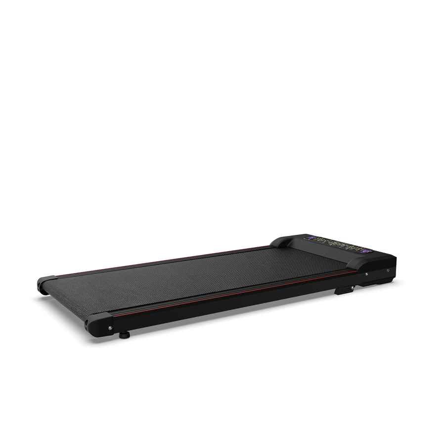 Black portable foldable treadmill with textured running surface, digital display, and adjustable incline for home office workouts