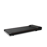 Black portable foldable treadmill with textured running surface, digital display, and adjustable incline for home office workouts