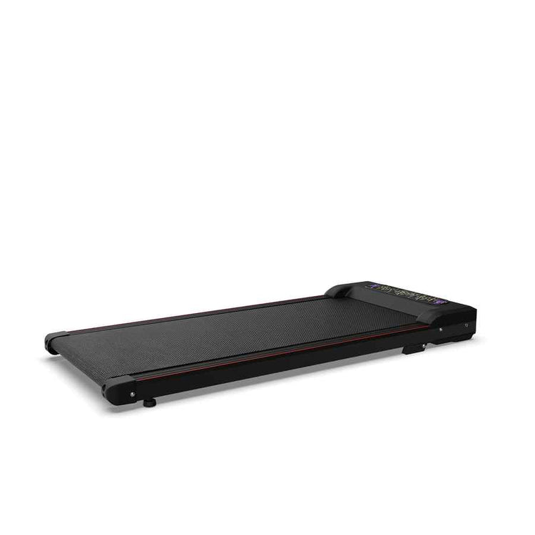 Black portable foldable treadmill with textured running surface, digital display, and adjustable incline for home office workouts