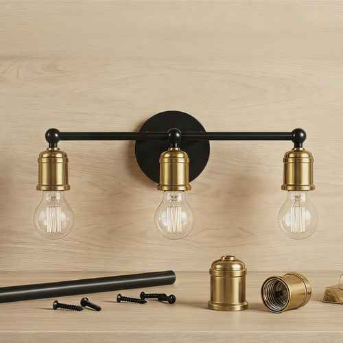 Three-light wall sconce with a black horizontal bar and round backplate, paired with brass-toned socket covers and clear Edison-style bulbs, shown mounted against a light wood wall with mounting hardware below.