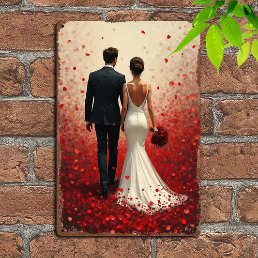 Vintage wedding dress metal wall art featuring a bride and groom walking on red rose petals, mounted on a rustic brick wall for romantic decor.