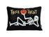 Halloween-themed pillow with skeleton, pumpkin, and &