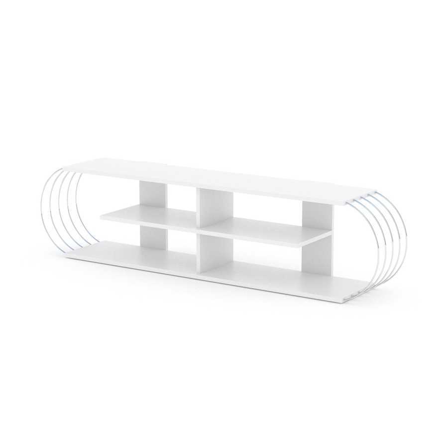 White TV stand with multiple open shelves and decorative items
