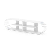 White TV stand with multiple open shelves and decorative items