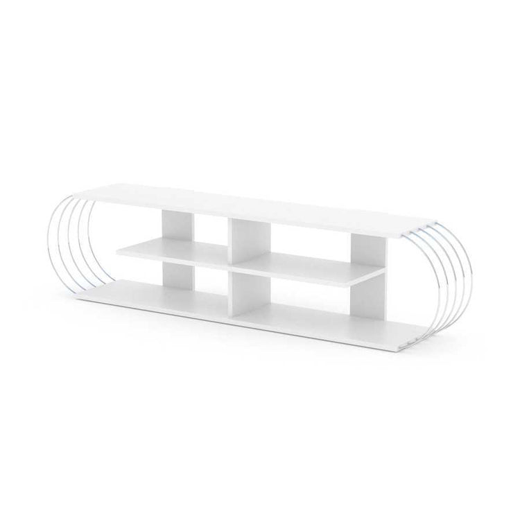 White TV stand with multiple open shelves and decorative items