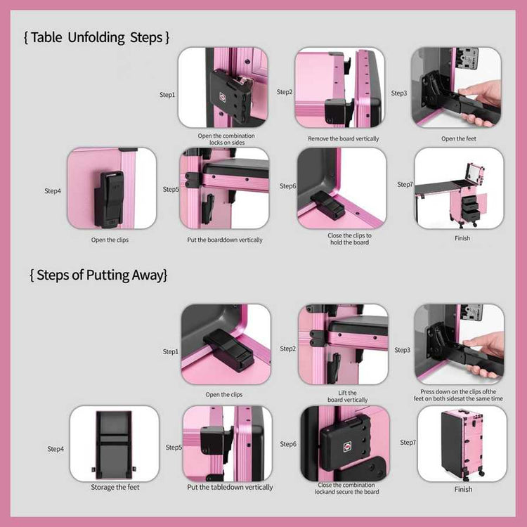 Pink nail art table with frosted countertop and 360-degree wheels