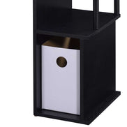 Dimensions and layout of black computer desk with open shelving and keyboard tray