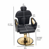 Black and gold barber chair with dimension measurements and height information shown on a white background.