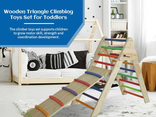 Wooden triangle climbing toys set for toddlers with colorful rungs in a room setting.