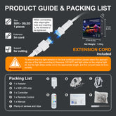 Product guide and packing list infographic for a 30LED extension cord kit. The graphic shows the product, its dimensions, weight, and a detailed packing list with labeled components (adapter, LED strip, controller, remote, battery, clips, manual) on a dark gray background with orange and white text.