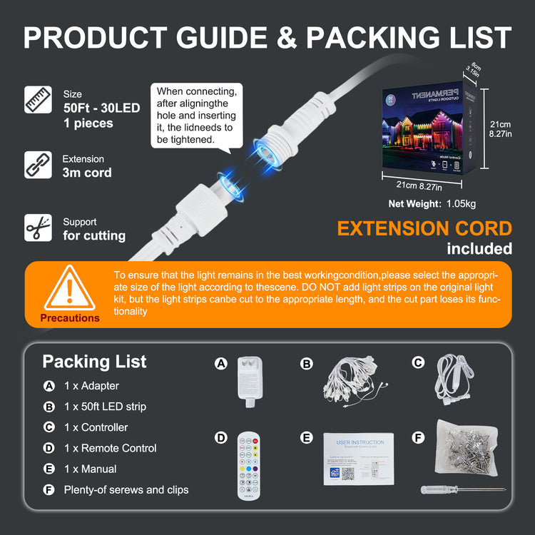 Product guide and packing list infographic for a 30LED extension cord kit. The graphic shows the product, its dimensions, weight, and a detailed packing list with labeled components (adapter, LED strip, controller, remote, battery, clips, manual) on a dark gray background with orange and white text.