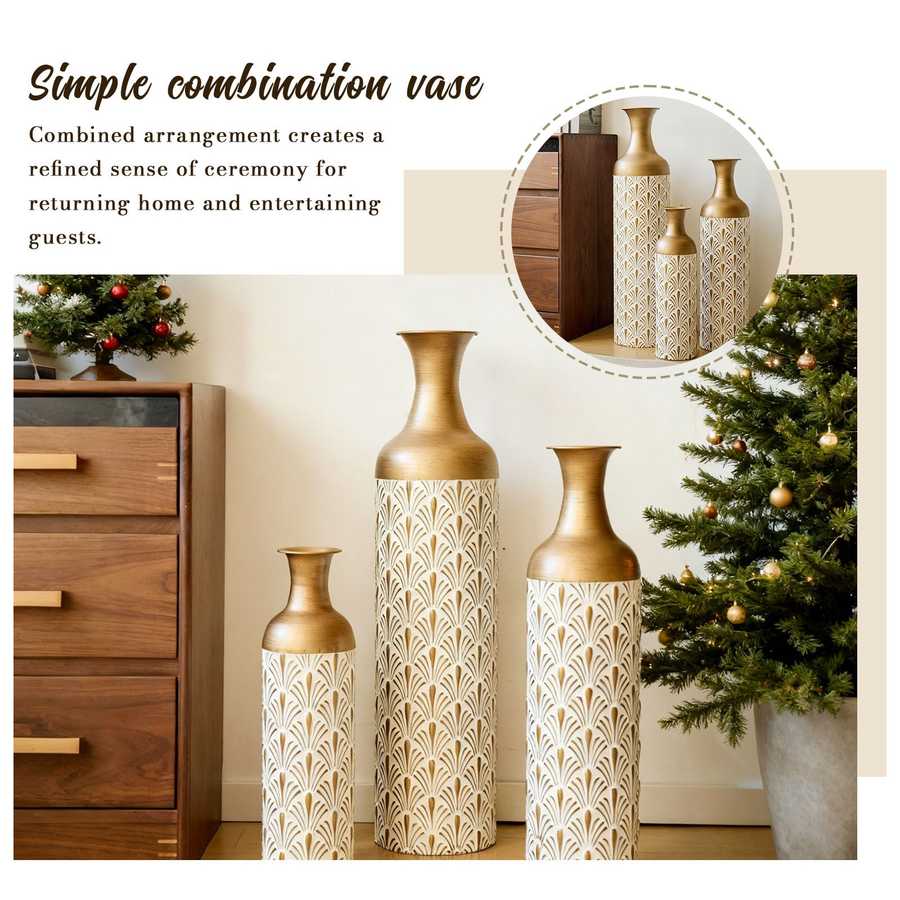 Set of 3 metal floor vases arranged beside furniture and a Christmas tree, showcasing their refined decorative appeal.