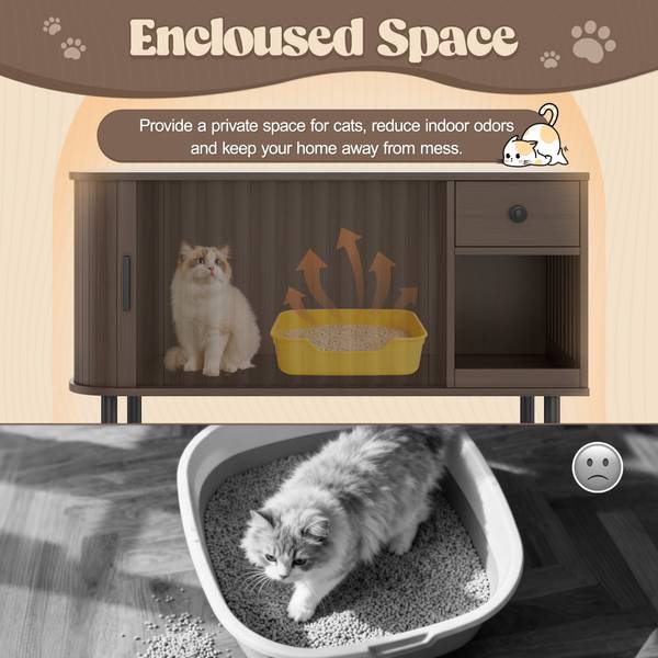 Enclosed cat litter box space with odor control, showing a cat using the litter tray inside the modern furniture unit.