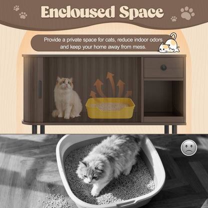 Enclosed cat litter box space with odor control, showing a cat using the litter tray inside the modern furniture unit.