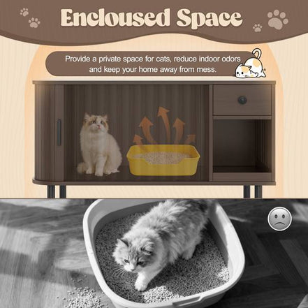 Enclosed cat litter box space with odor control, showing a cat using the litter tray inside the modern furniture unit.