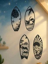 Set of four metal surfboard wall sculptures with beach and sea life motifs, enhancing coastal-themed interiors with waterproof iron artwork.