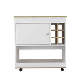 A white rolling utility cabinet with a light wood top and trim, featuring a closed door with a silver knob, an open lower shelf, and a built-in wine rack on the right side. The cabinet is shown on a plain white background.