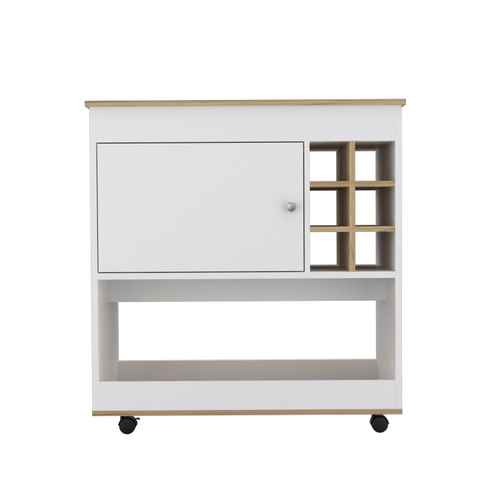 A white rolling utility cabinet with a light wood top and trim, featuring a closed door with a silver knob, an open lower shelf, and a built-in wine rack on the right side. The cabinet is shown on a plain white background.