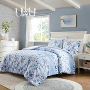 Twin Floral Striped Duvet Cover Set - Twin Duvet Cover Set Floral in a bright bedroom with white furniture and blue walls, showcasing vintage charm.