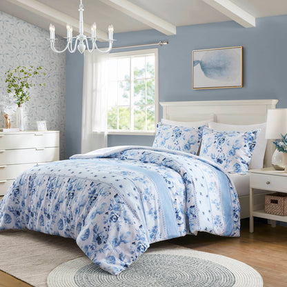 Twin Floral Striped Duvet Cover Set - Twin Duvet Cover Set Floral in a bright bedroom with white furniture and blue walls, showcasing vintage charm.