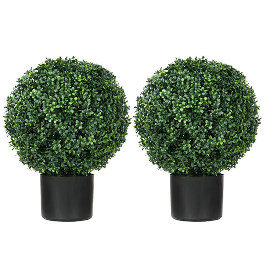 HOMCOM Set of 2 20.5" Artificial Ball Boxwood Topiary Trees with Pot, Indoor Outdoor Fake Plants for Home Office & Living Room Decor MLNshops]