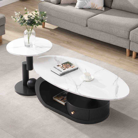 Contemporary Nesting Coffee Table Set - Oval & Round | MDF+Iron featuring sleek marble tops and sculptural black bases in a cozy living room.
