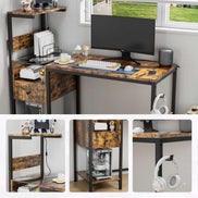 Collage of computer desk features including power outlet, storage shelves, and headphone hook, ideal for organized workspaces.