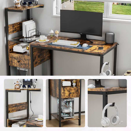 Collage of computer desk features including power outlet, storage shelves, and headphone hook, ideal for organized workspaces.