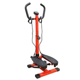Red compact stair stepper with black non-slip pedals, digital monitor, adjustable height, hydraulic drive system, and pull ropes for home cardio workouts