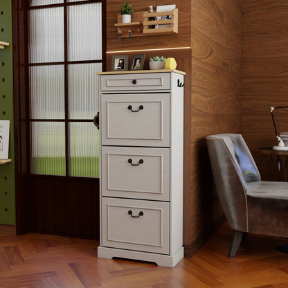 Shoe Storage Cabinet with 1 Drawer, 3 Flip Drawers, Freestanding Shoe Cabinet Organizer with Adjustable Shelf, Shoe Cabinet for Entryway, Foyer, Slim Shoe Cabinet-Antique White