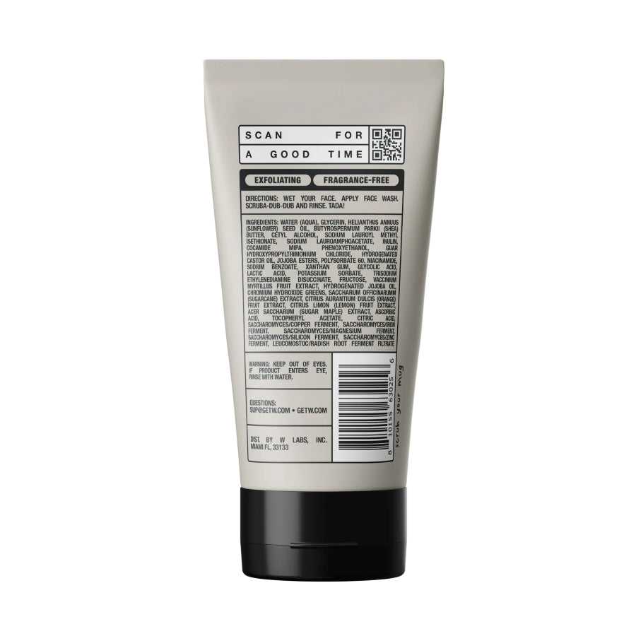 Back view of vitamin-infused exfoliating face wash tube with ingredients list