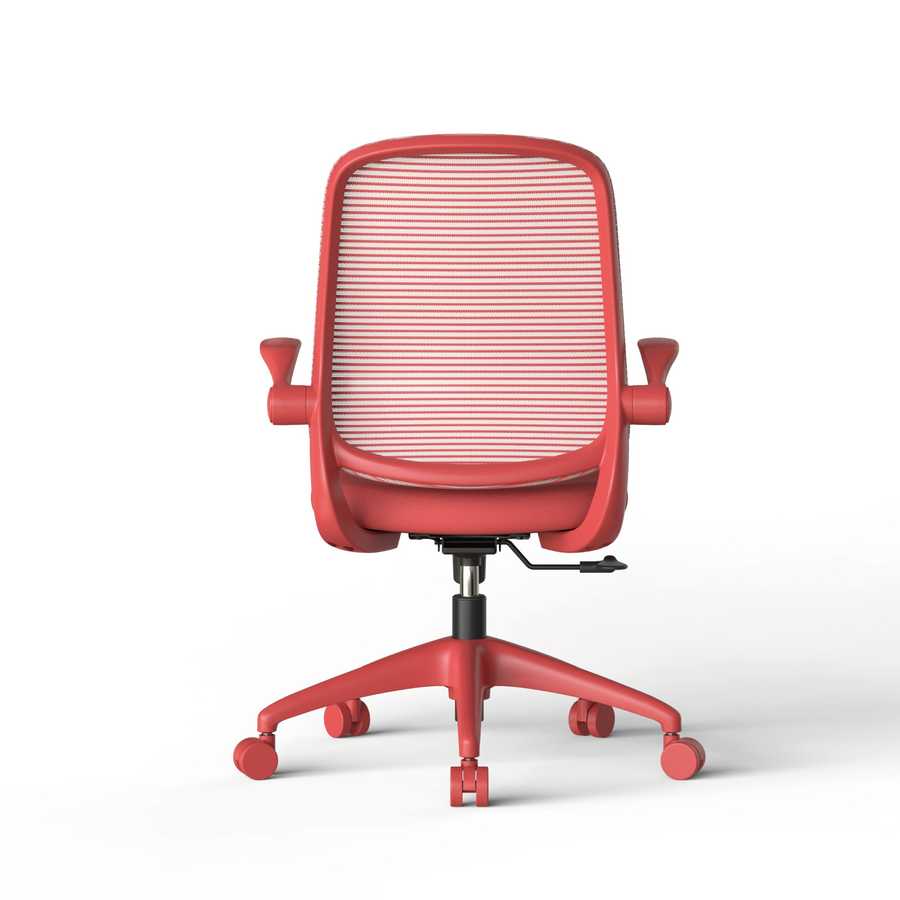 Red office chair with mesh back on a white background