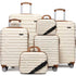 Set of cream-colored luggage with brown handles and wheels on a white background