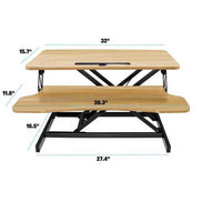 Dimensions of 32 inch height adjustable desk converter with dual-tier surface, ideal for dual monitors and ergonomic workspace.