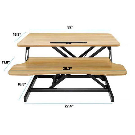 Dimensions of 32 inch height adjustable desk converter with dual-tier surface, ideal for dual monitors and ergonomic workspace.