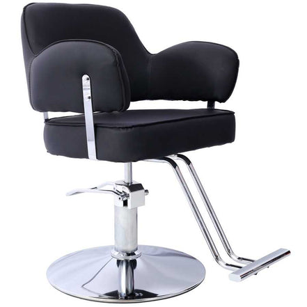 Salon Styling Chair for Hair Professionals with thick cushions, chrome footrest, and adjustable hydraulic pump for salon use.
