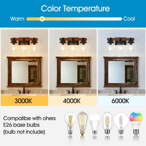 Bathroom vanity scene with different light bulb color temperatures displayed.