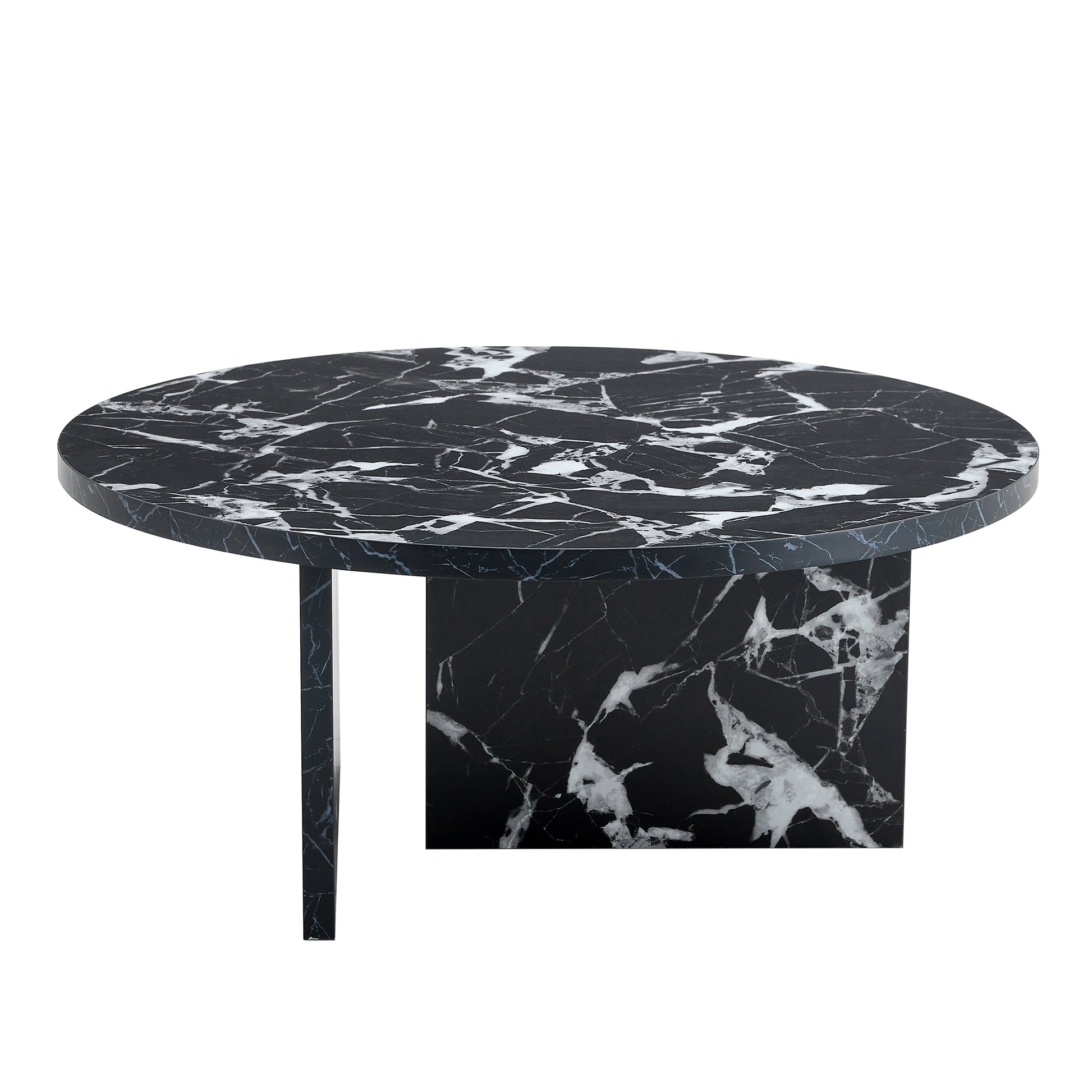Black MDF round coffee table with modern minimalism design, featuring a marble-look finish and asymmetrical base. Ideal for contemporary interiors.