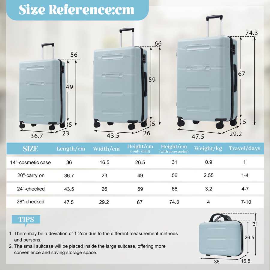 Light blue suitcases with size reference chart in centimeters