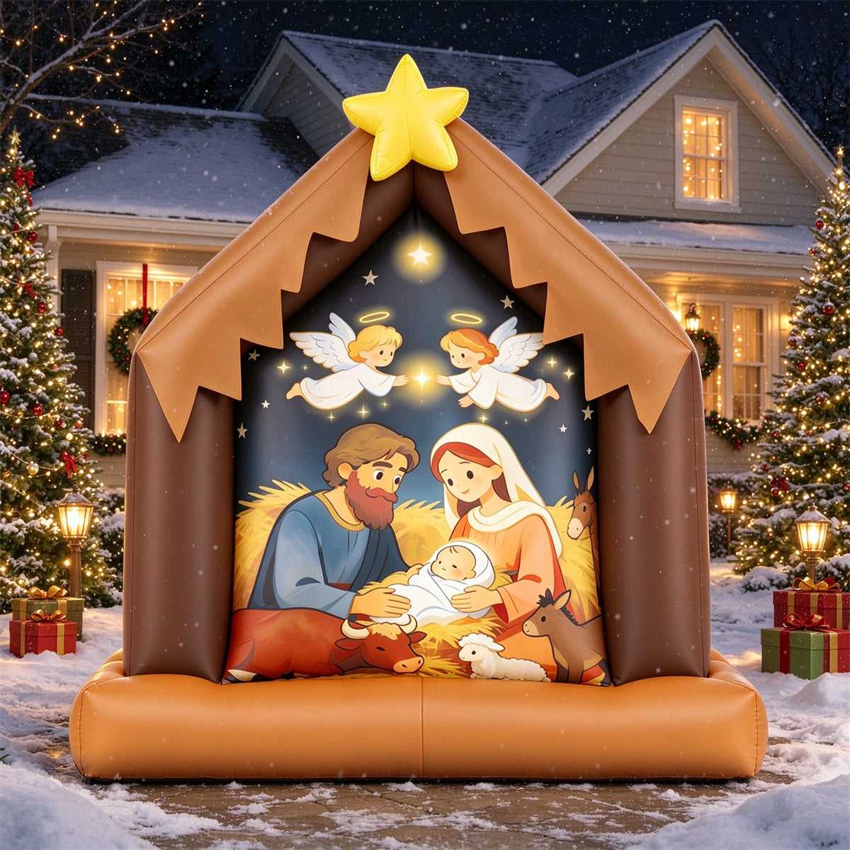 3.9 ft inflatable nativity scene with Holy Family, angels and star in a snowy front yard