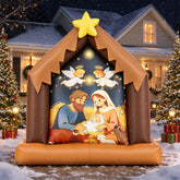 3.9 ft inflatable nativity scene with Holy Family, angels and star in a snowy front yard