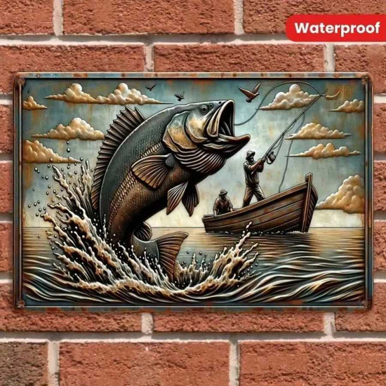 Metal fishing wall art sign with large fish and boat scene