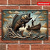 Metal fishing wall art sign with large fish and boat scene