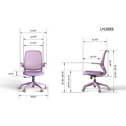 Purple office chair with dimensions labeled on a white background