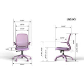 Purple office chair with dimensions labeled on a white background