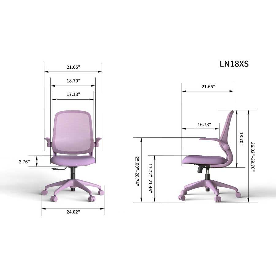 Purple office chair with dimensions labeled on a white background