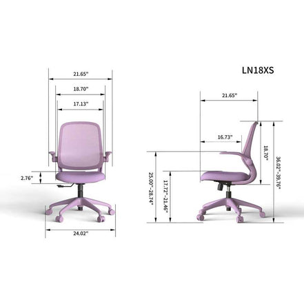 Purple office chair with dimensions labeled on a white background